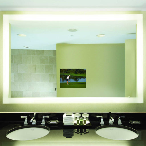 Silhouette LED Lighted Mirror TV in bathroom.