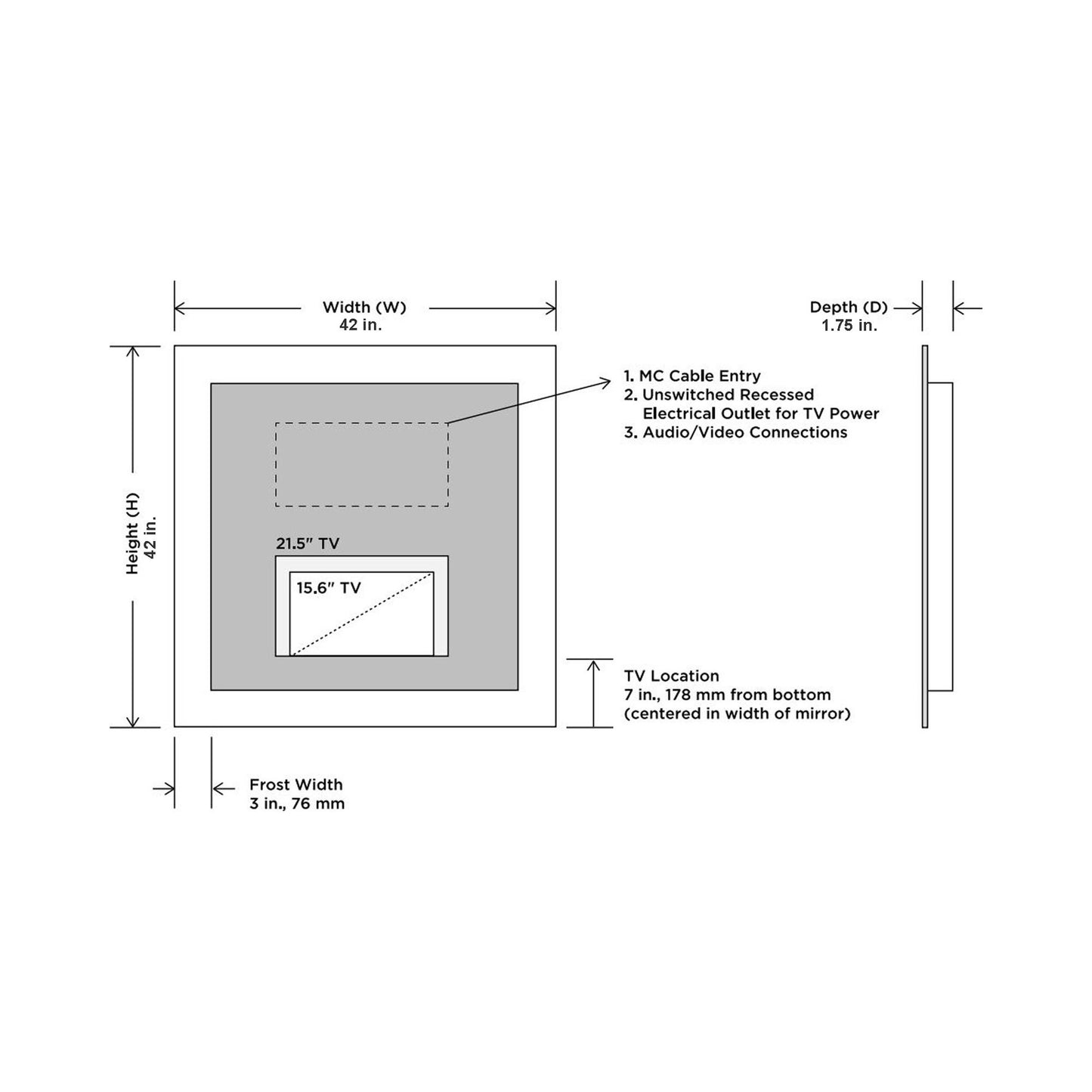 Silhouette LED Lighted Mirror TV - line drawing.