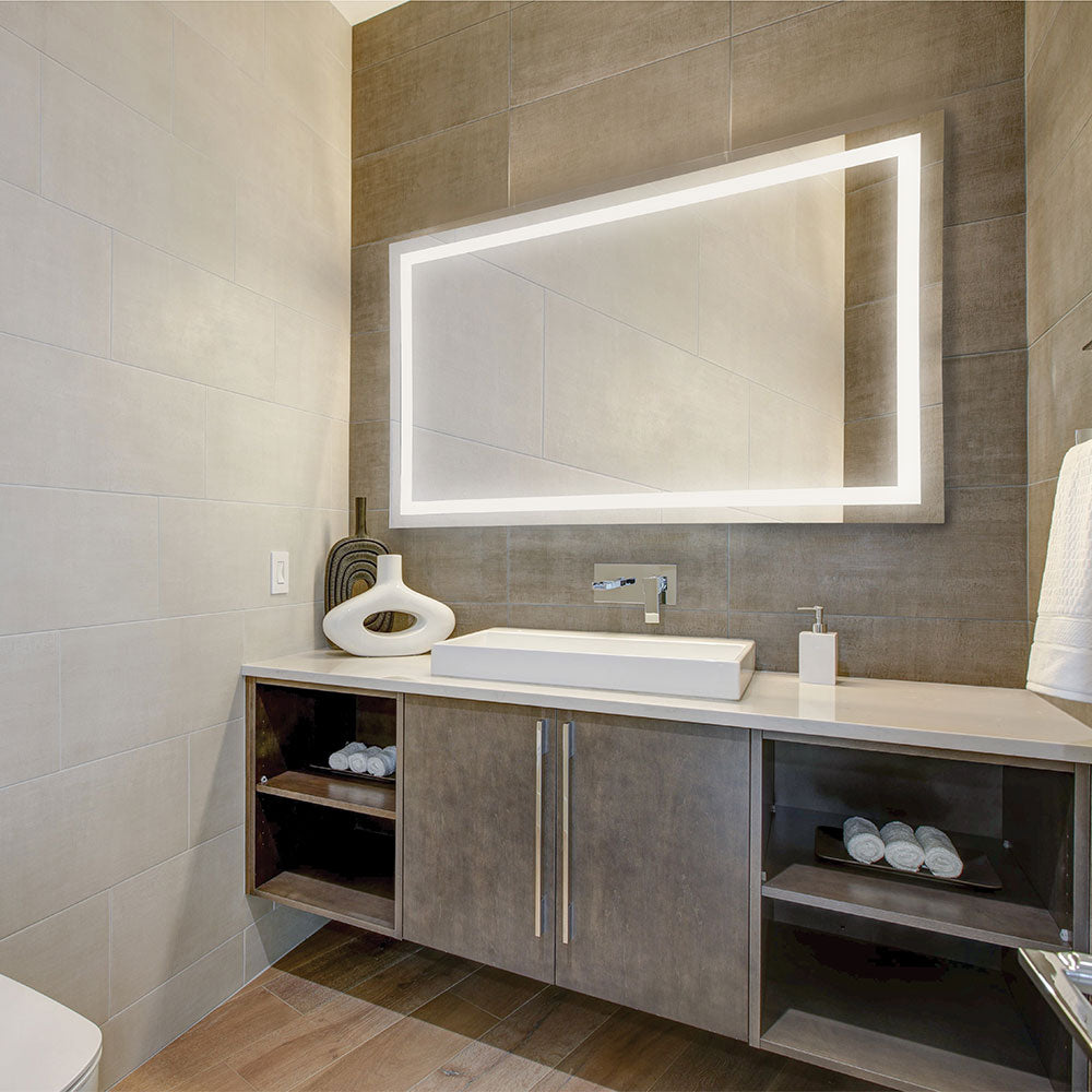 Aspen LED Rectangular Mirror in bathroom.