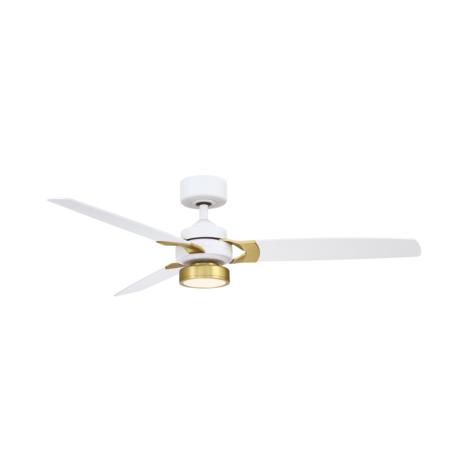 Amped LED Ceiling Fan in Matte White/Brushed Brass.