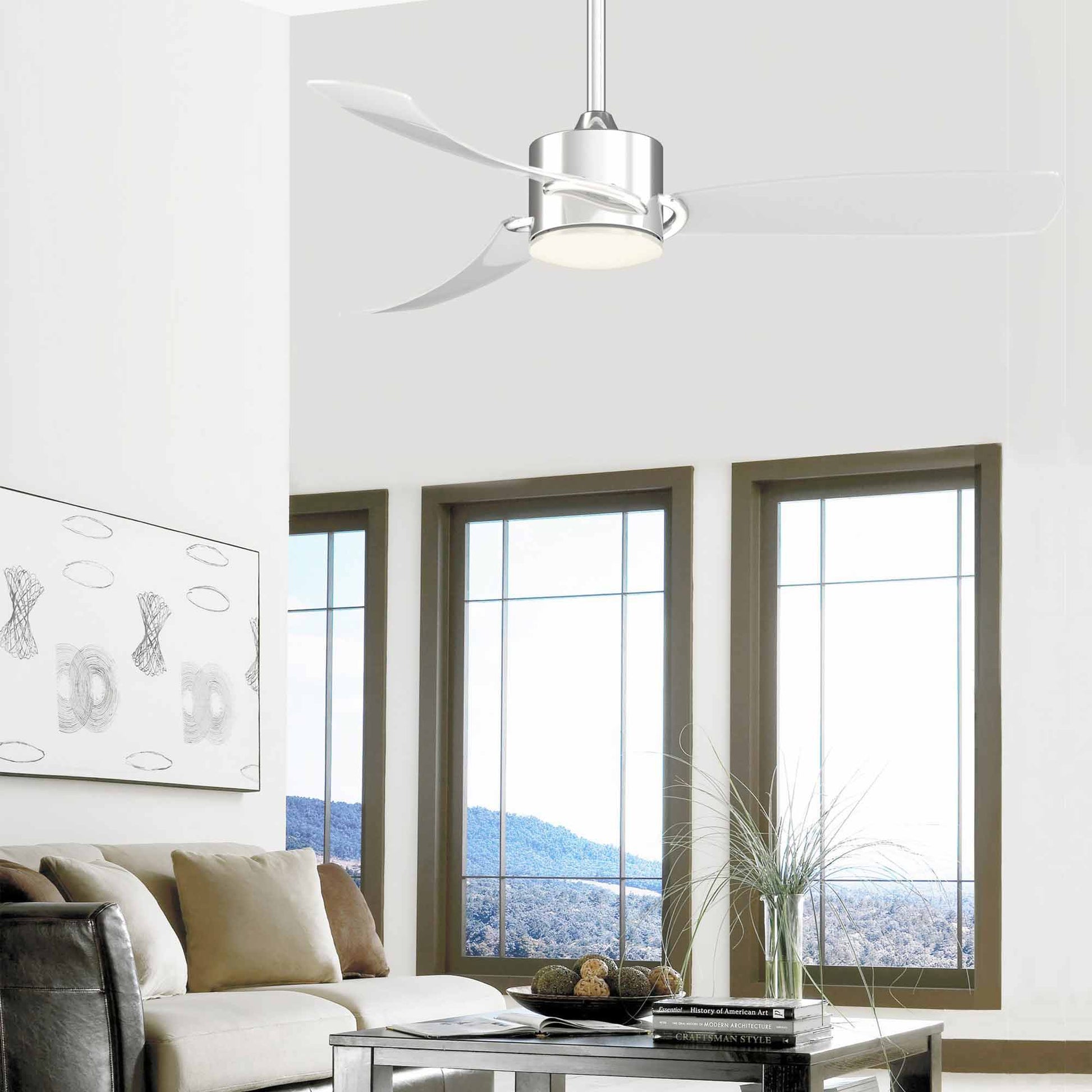 SculptAire Indoor / Outdoor LED Ceiling Fan in living room.