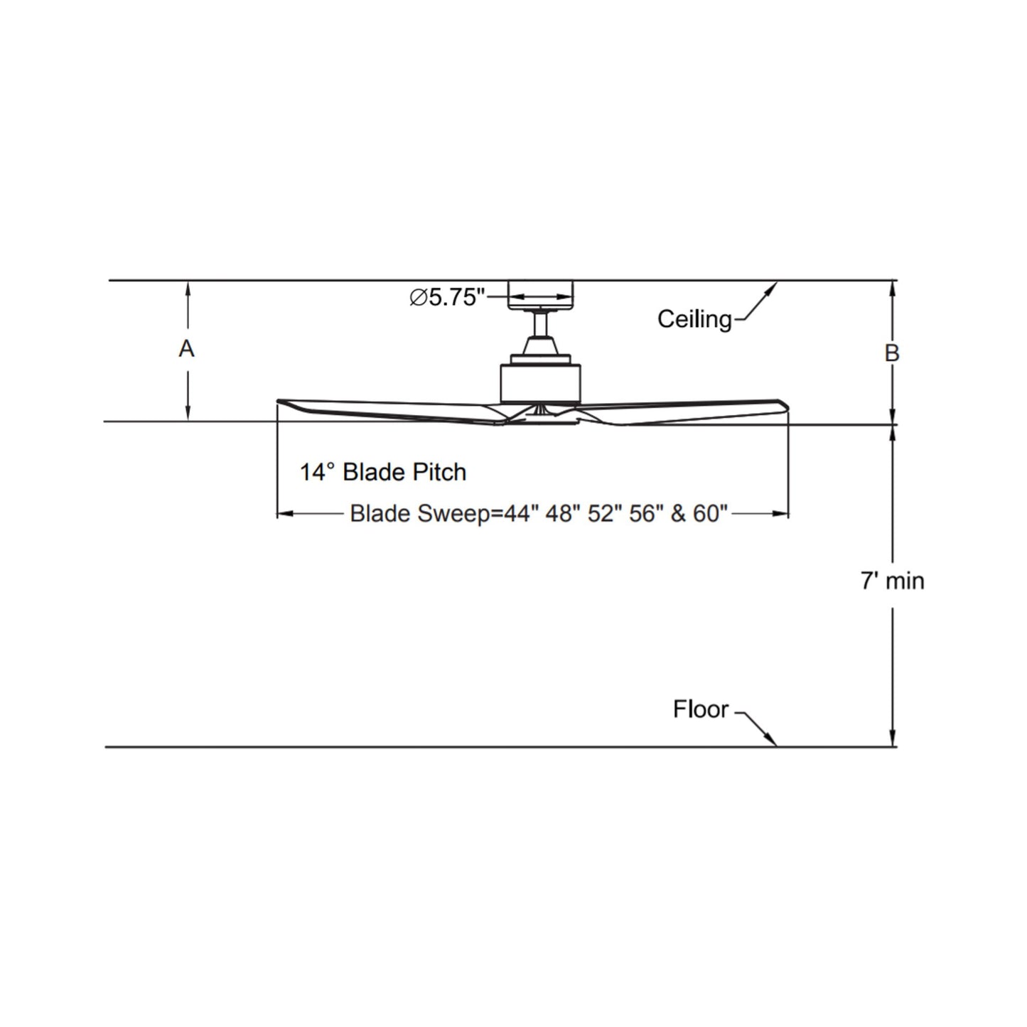 TriAire Custom LED Ceiling Fan - line drawing.