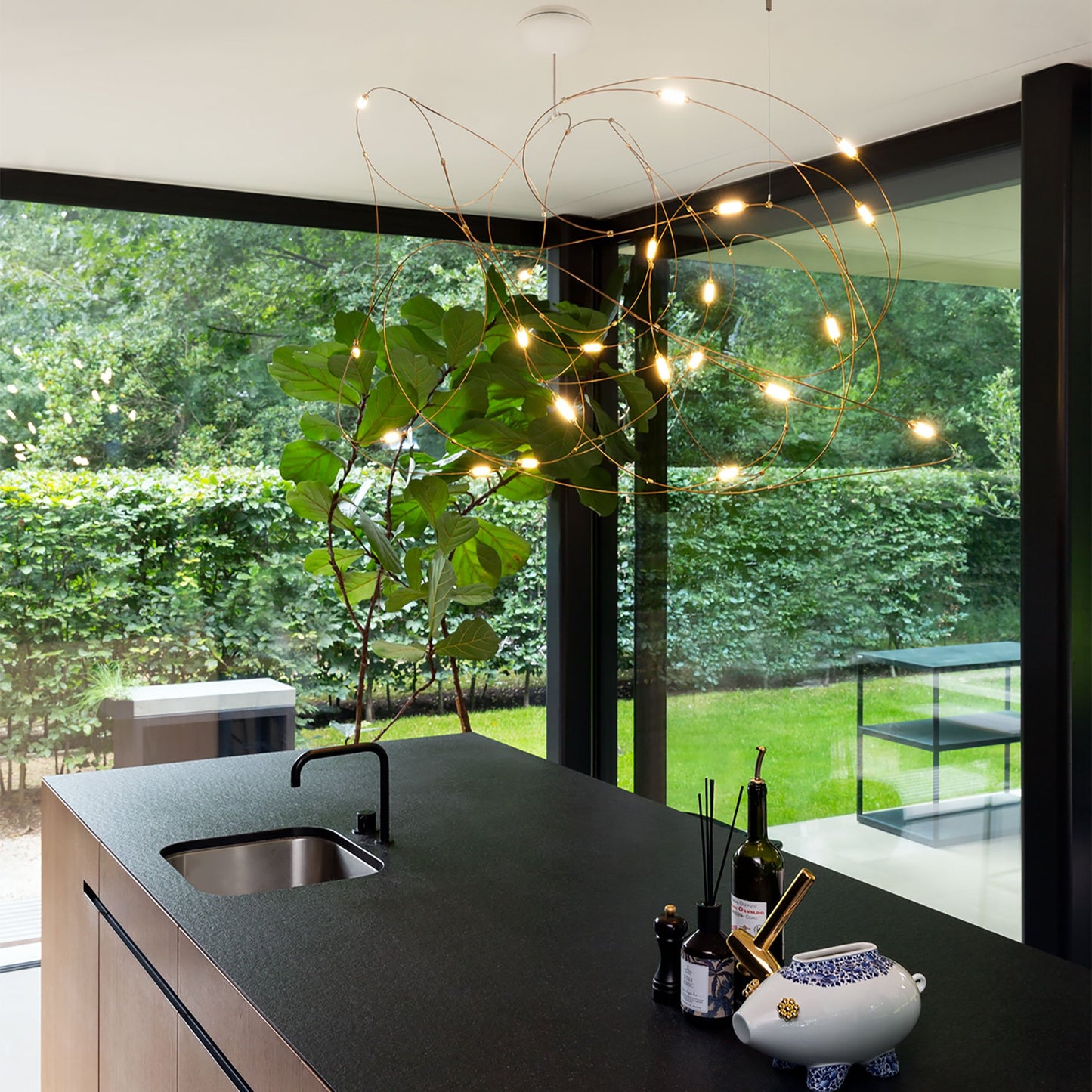 Flock of Light LED Chandelier in dining room.