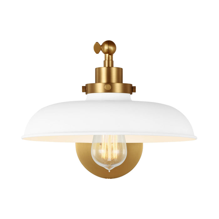 Wellfleet Wide Wall Light in Matte White and Burnished Brass.