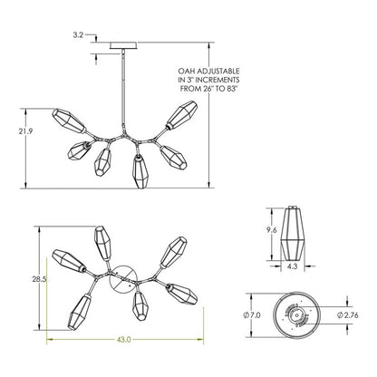 Aalto Modern Branch LED Chandelier - line drawing.