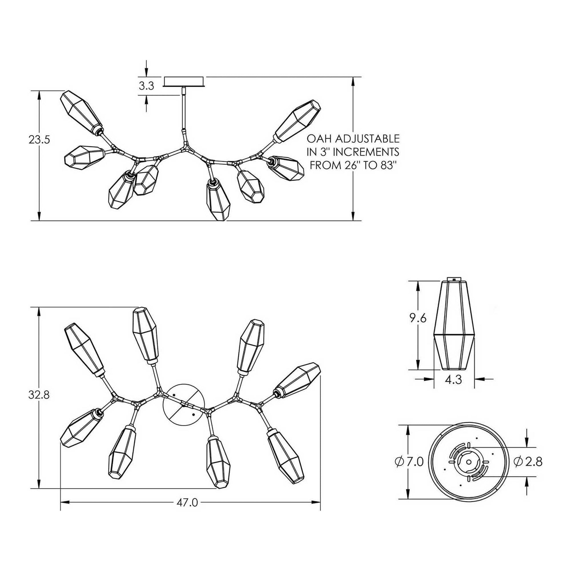 Aalto Modern Branch LED Chandelier - line drawing.