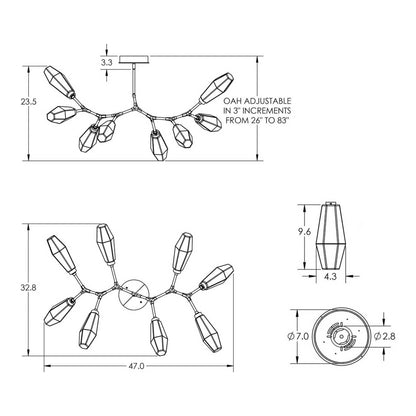 Aalto Modern Branch LED Chandelier - line drawing.