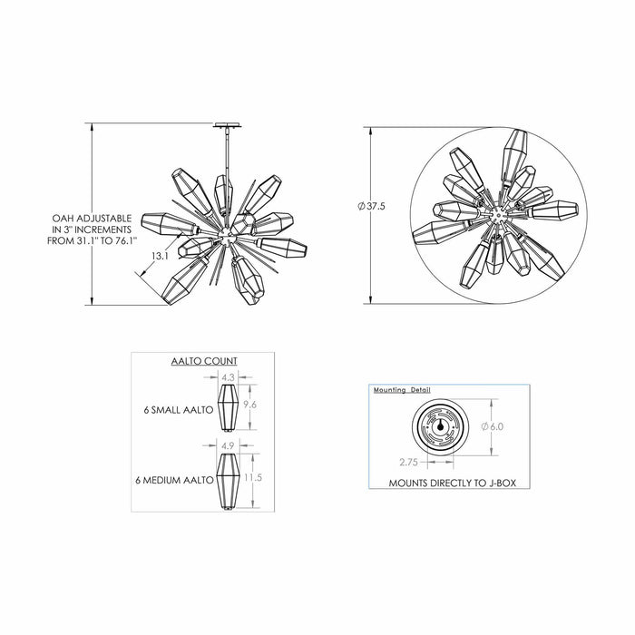 Aalto Round Starburst LED Chandelier - line drawing.