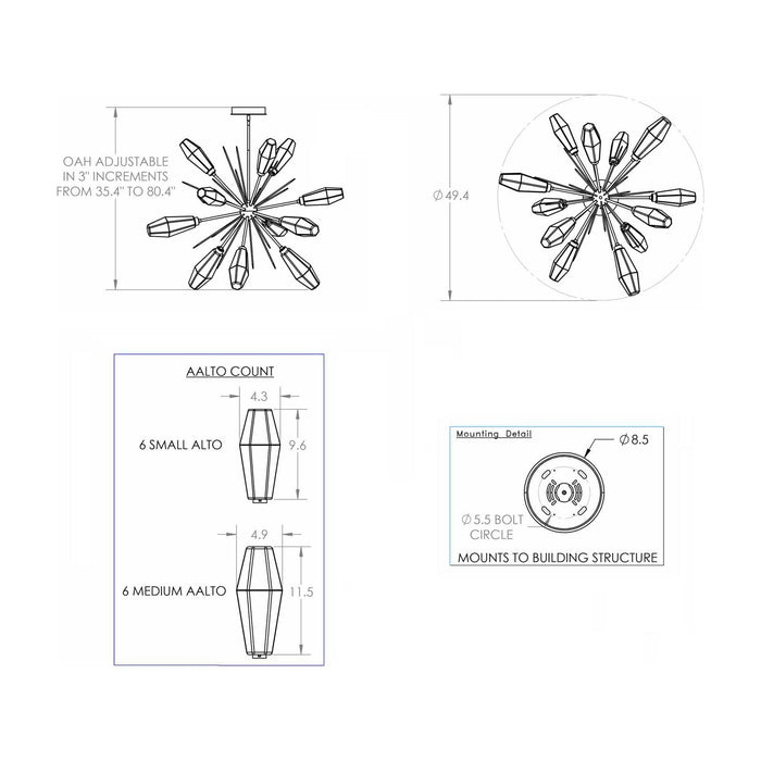 Aalto Round Starburst LED Chandelier - line drawing.