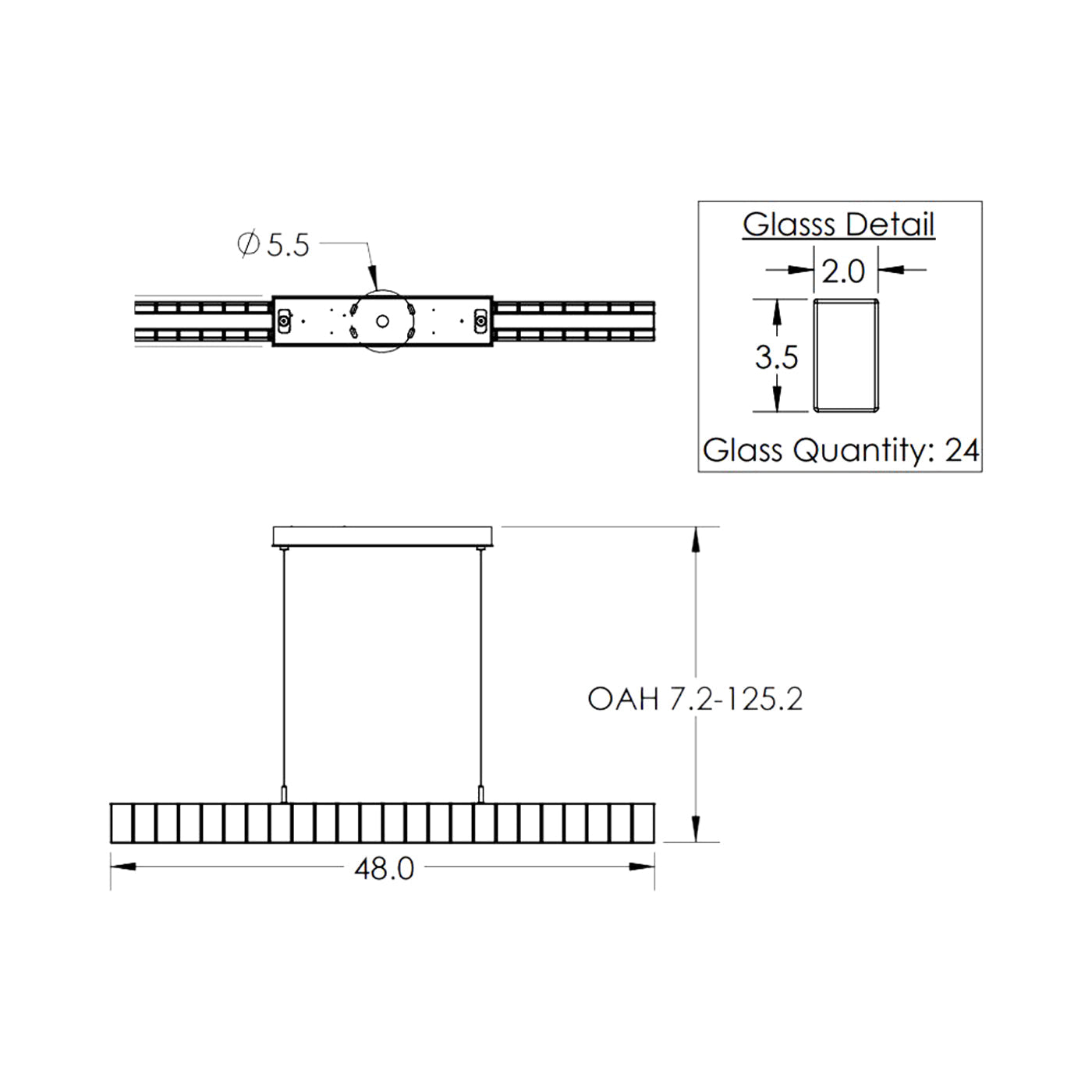 Asscher Linear Pendant Light - line drawing.