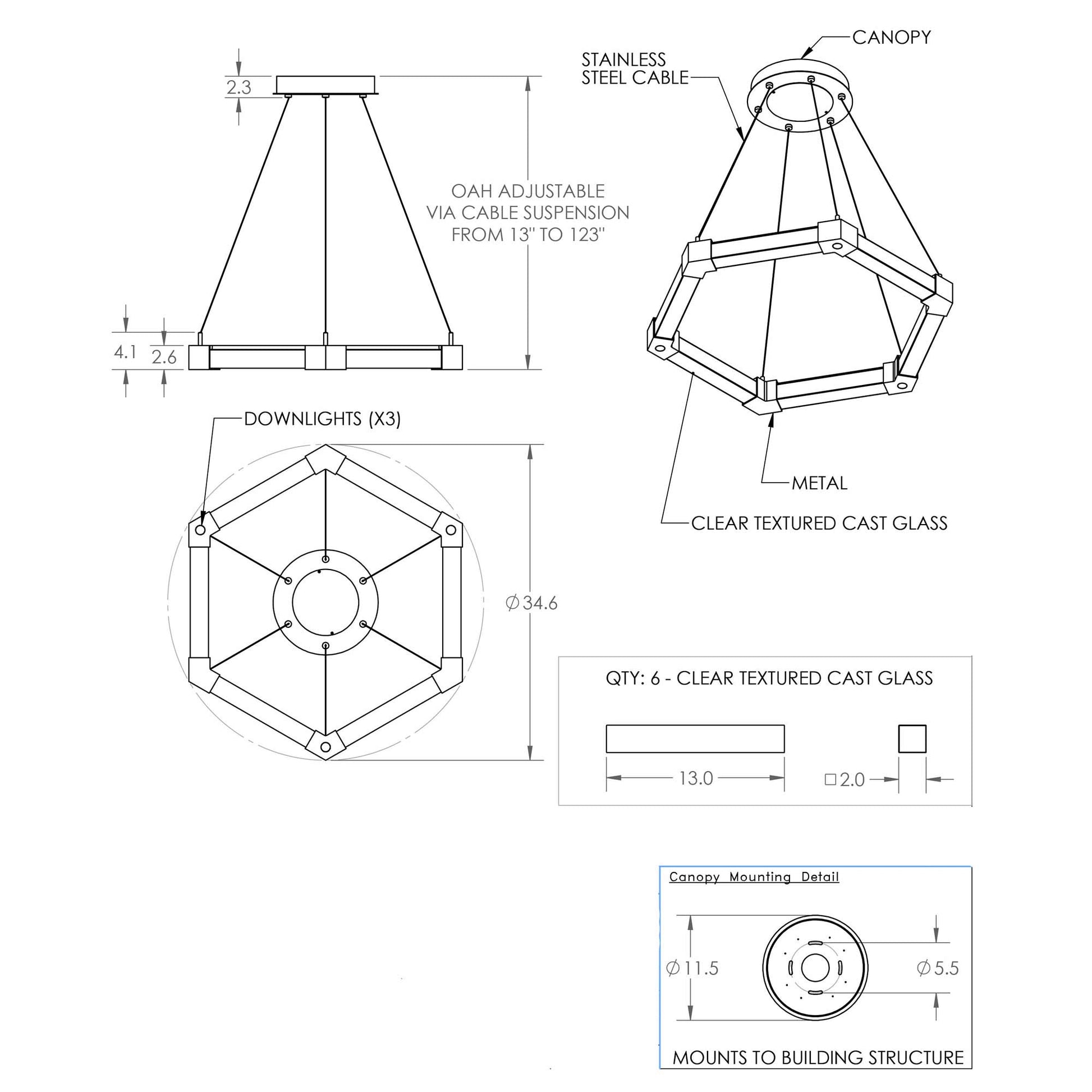 Axis LED Chandelier - line drawing.