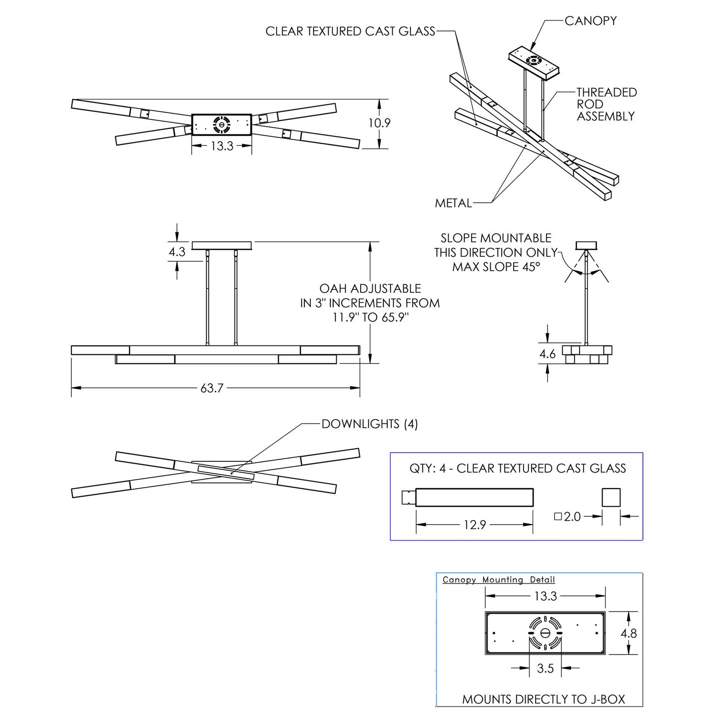 Axis LED Linear Pendant Light - line drawing.