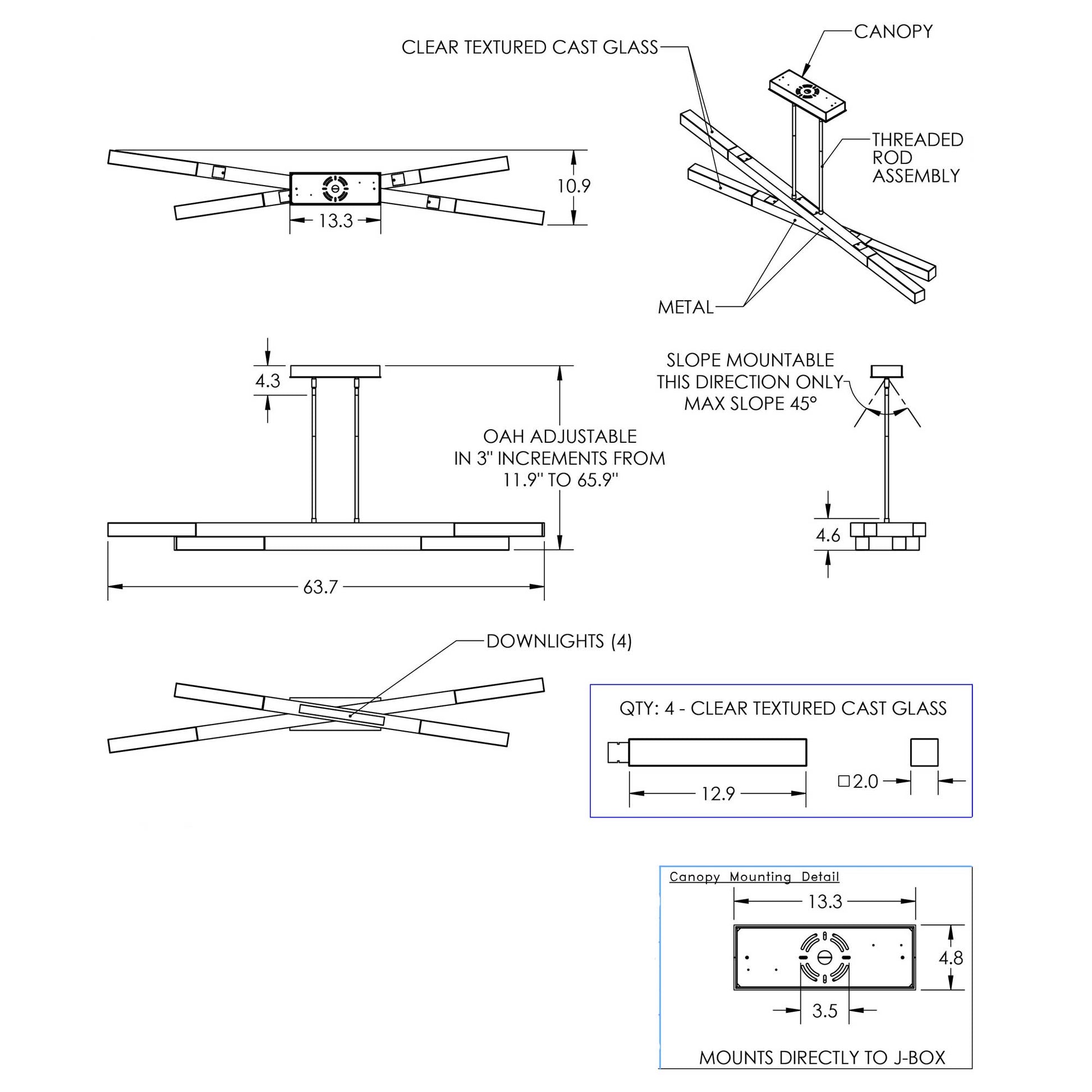 Axis LED Linear Pendant Light - line drawing.