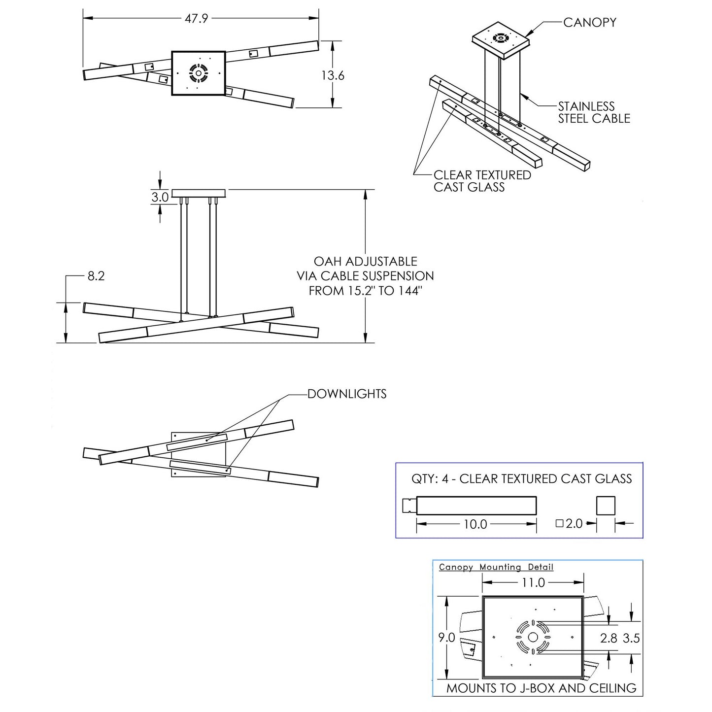 Axis Moda Double LED Linear Pendant Light - line drawing.