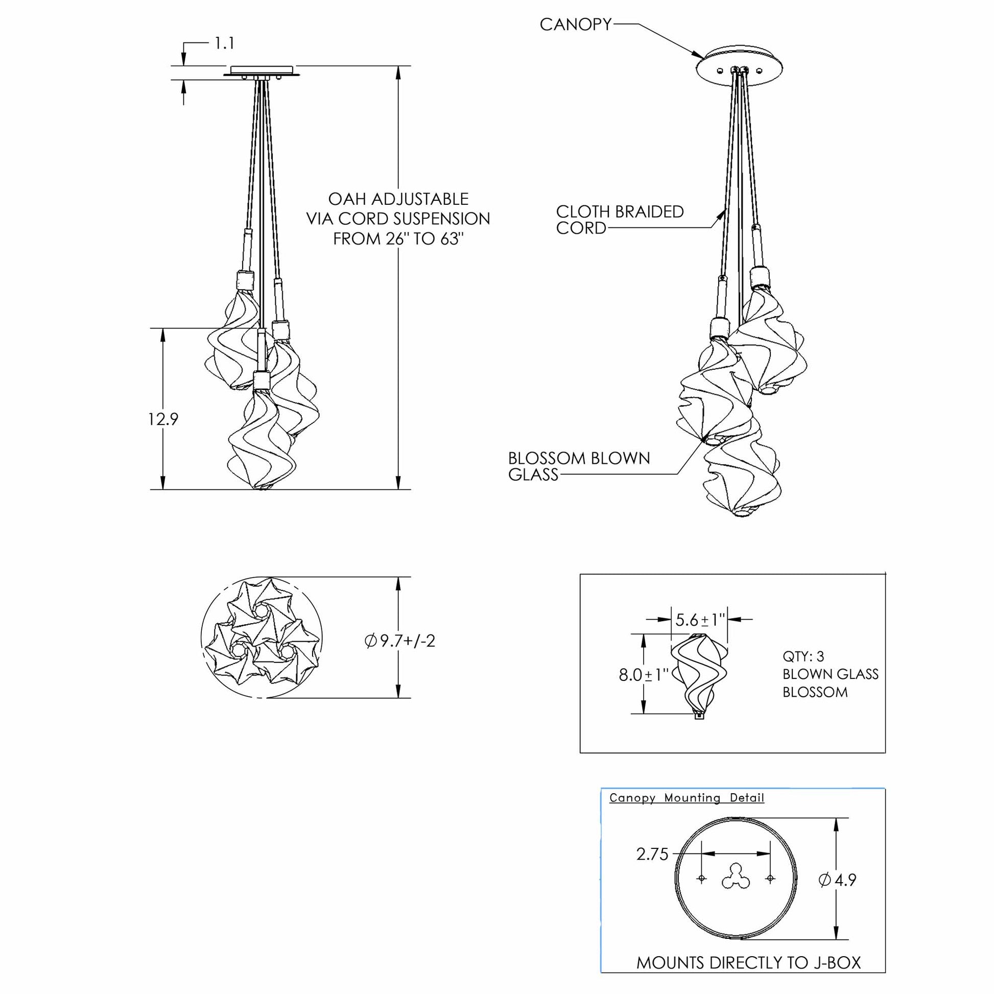 Blossom Cluster LED Pendant Light - line drawing.