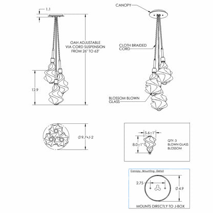 Blossom Cluster LED Pendant Light - line drawing.