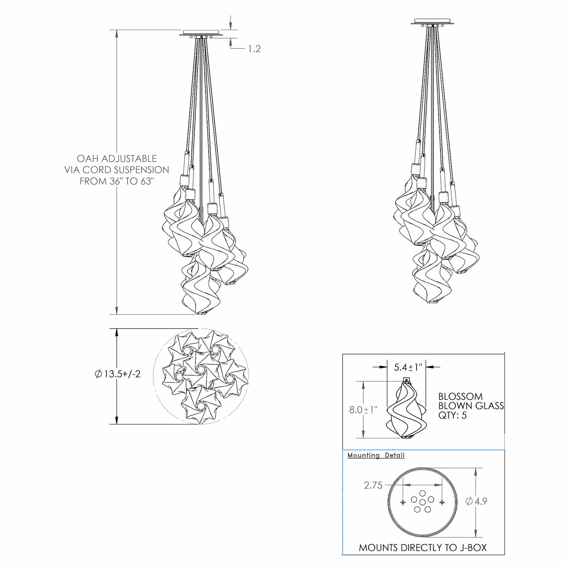 Blossom Cluster LED Pendant Light - line drawing.