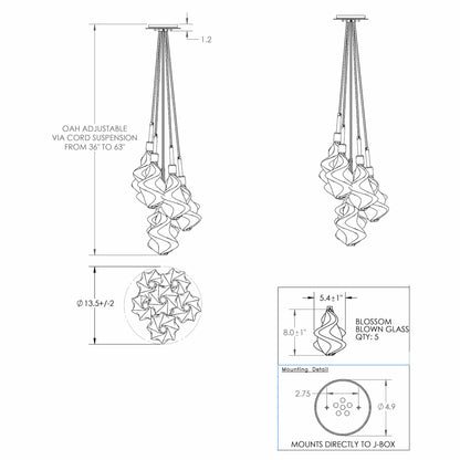 Blossom Cluster LED Pendant Light - line drawing.