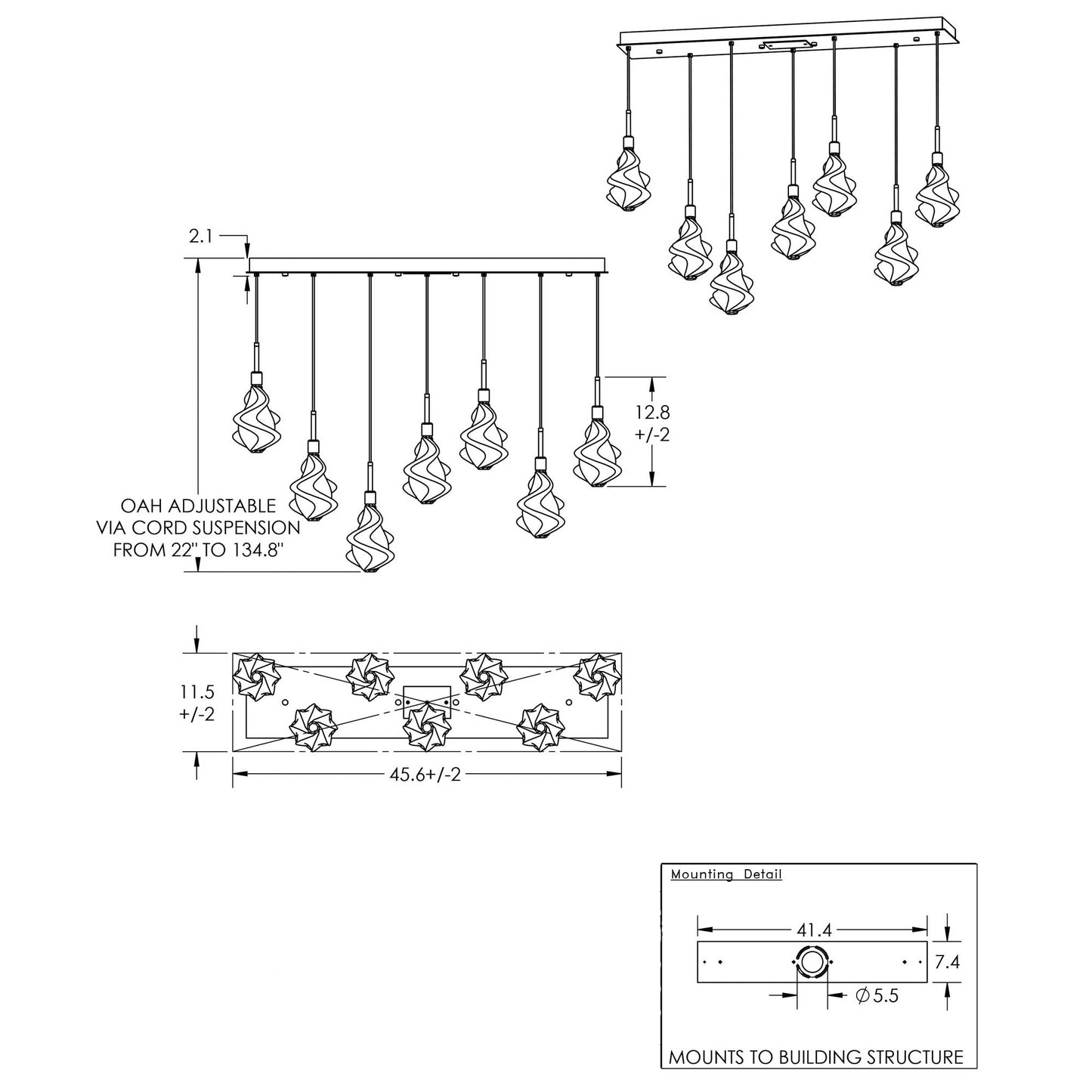 Blossom LED Linear Multi Light Pendant Light - line drawing.