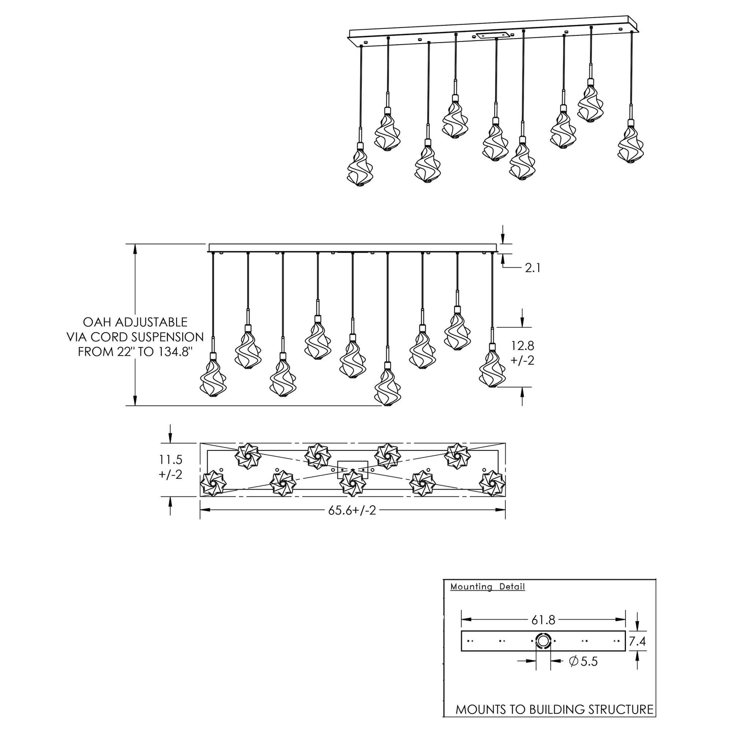 Blossom LED Linear Multi Light Pendant Light - line drawing.