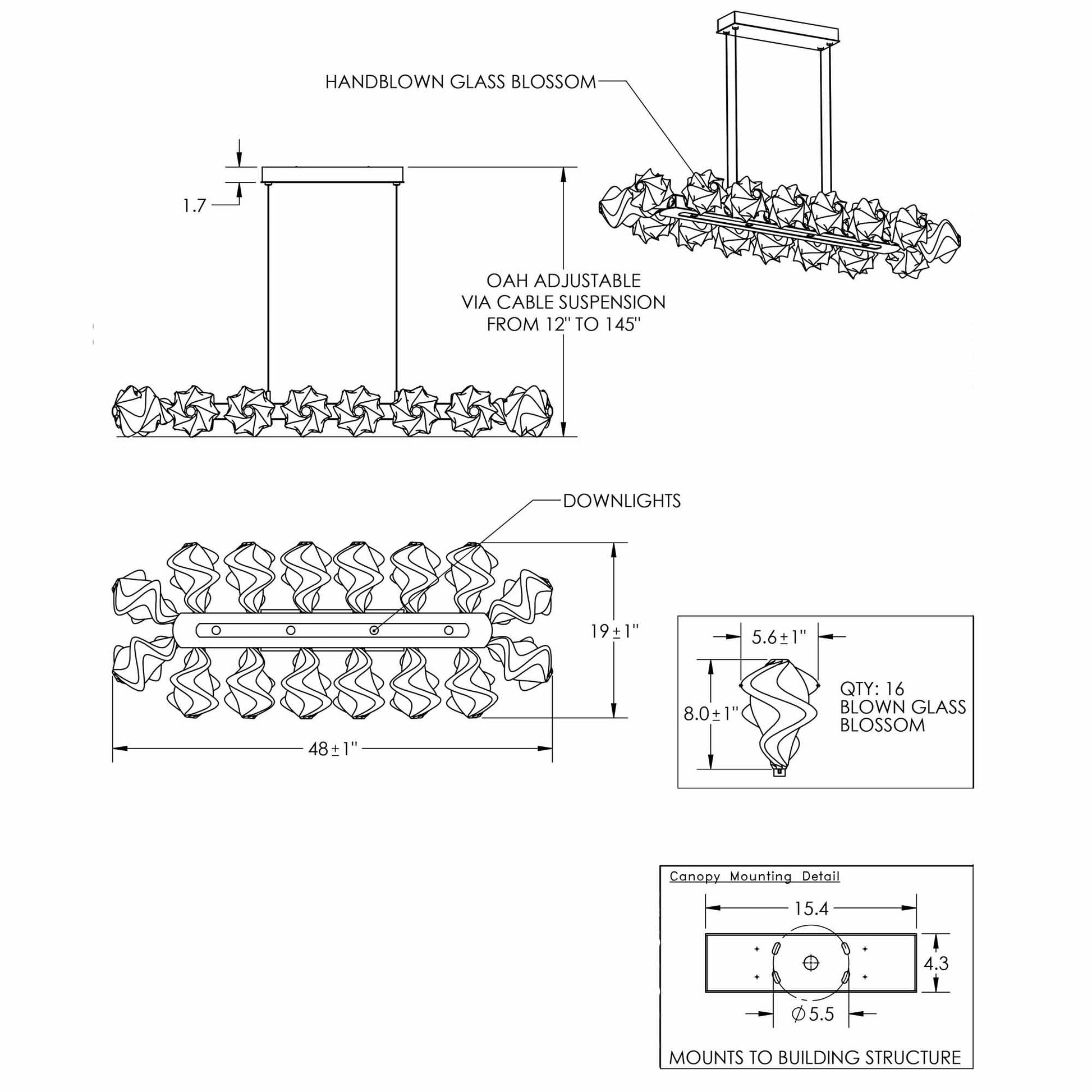 Blossom LED Linear Pendant Light - line drawing.