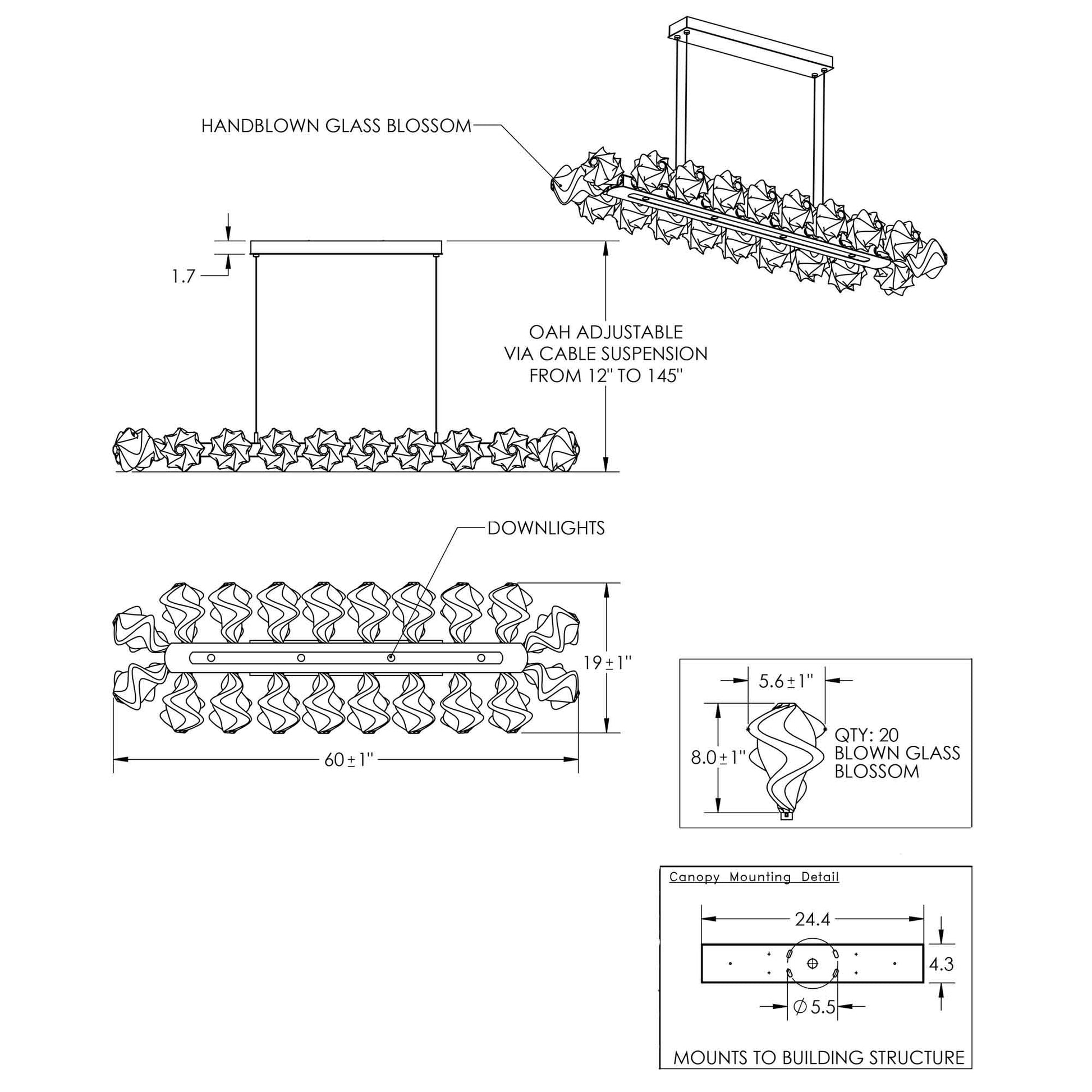 Blossom LED Linear Pendant Light - line drawing.