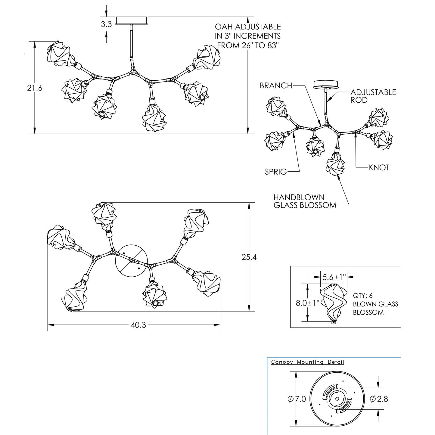 Blossom Modern Branch LED Pendant Light - line drawing.