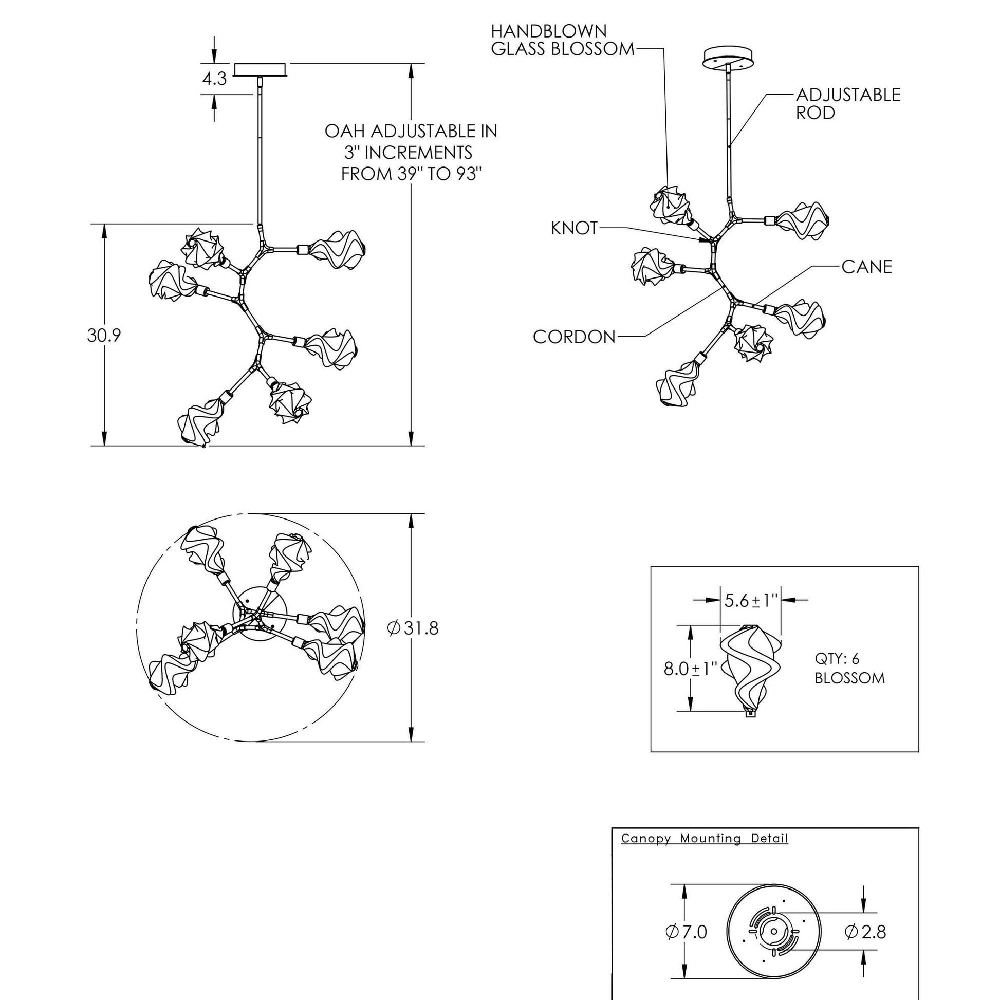 Blossom Modern Vine LED Pendant Light - line drawing.