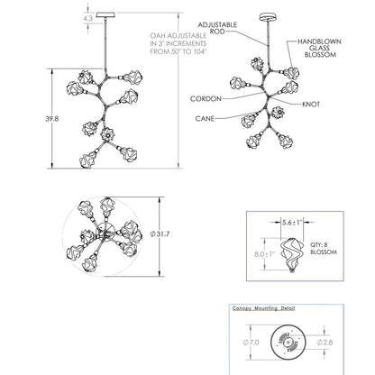 Blossom Modern Vine LED Pendant Light - line drawing.