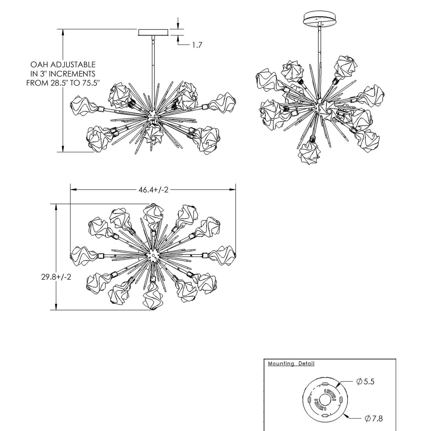 Blossom Oval Starburst LED Chandelier - line drawing.