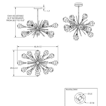 Blossom Oval Starburst LED Chandelier - line drawing.