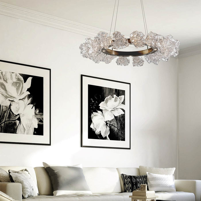 Blossom Ring LED Chandelier in living room.
