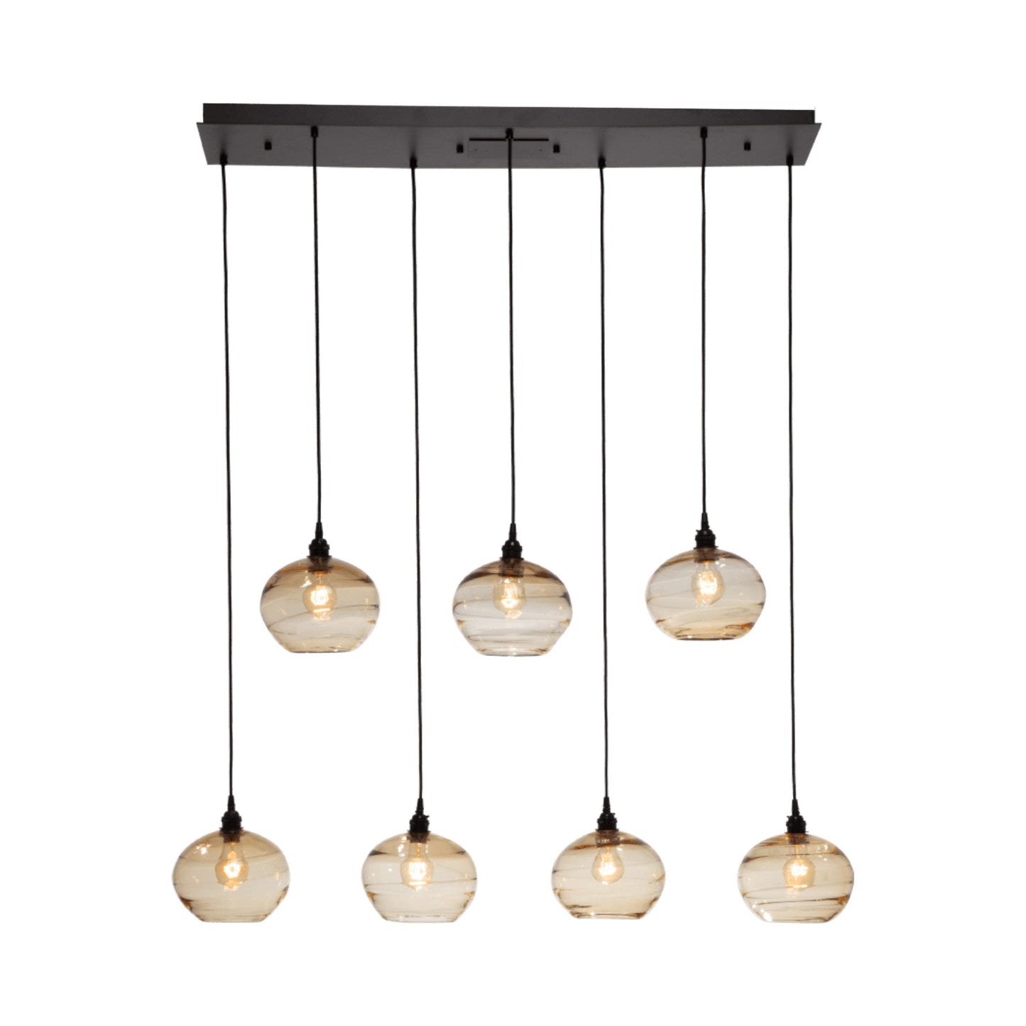 Coppa Linear Pendant Light in Matte Black/Amber Glass (7-Light).