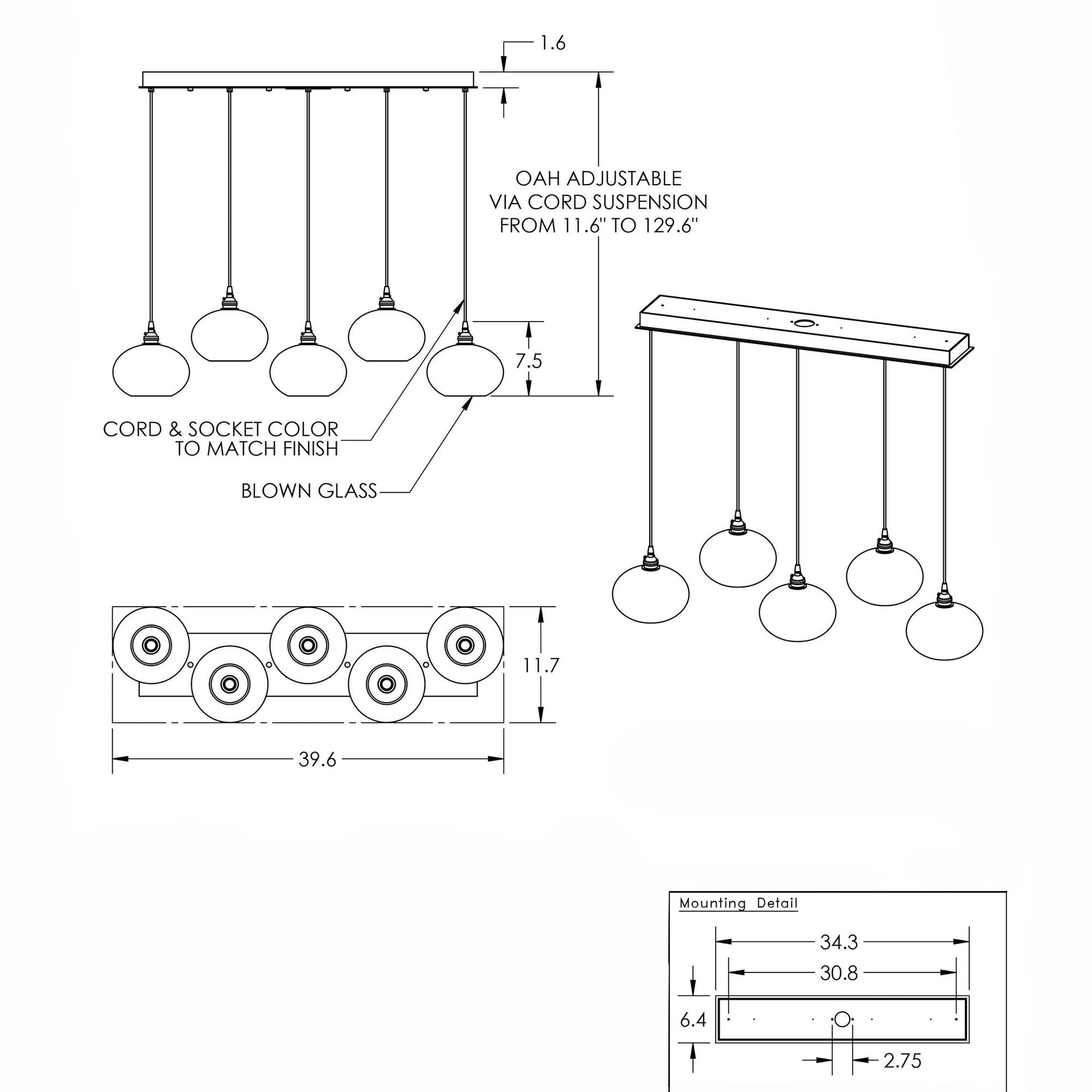 Coppa Linear Pendant Light - line drawing.