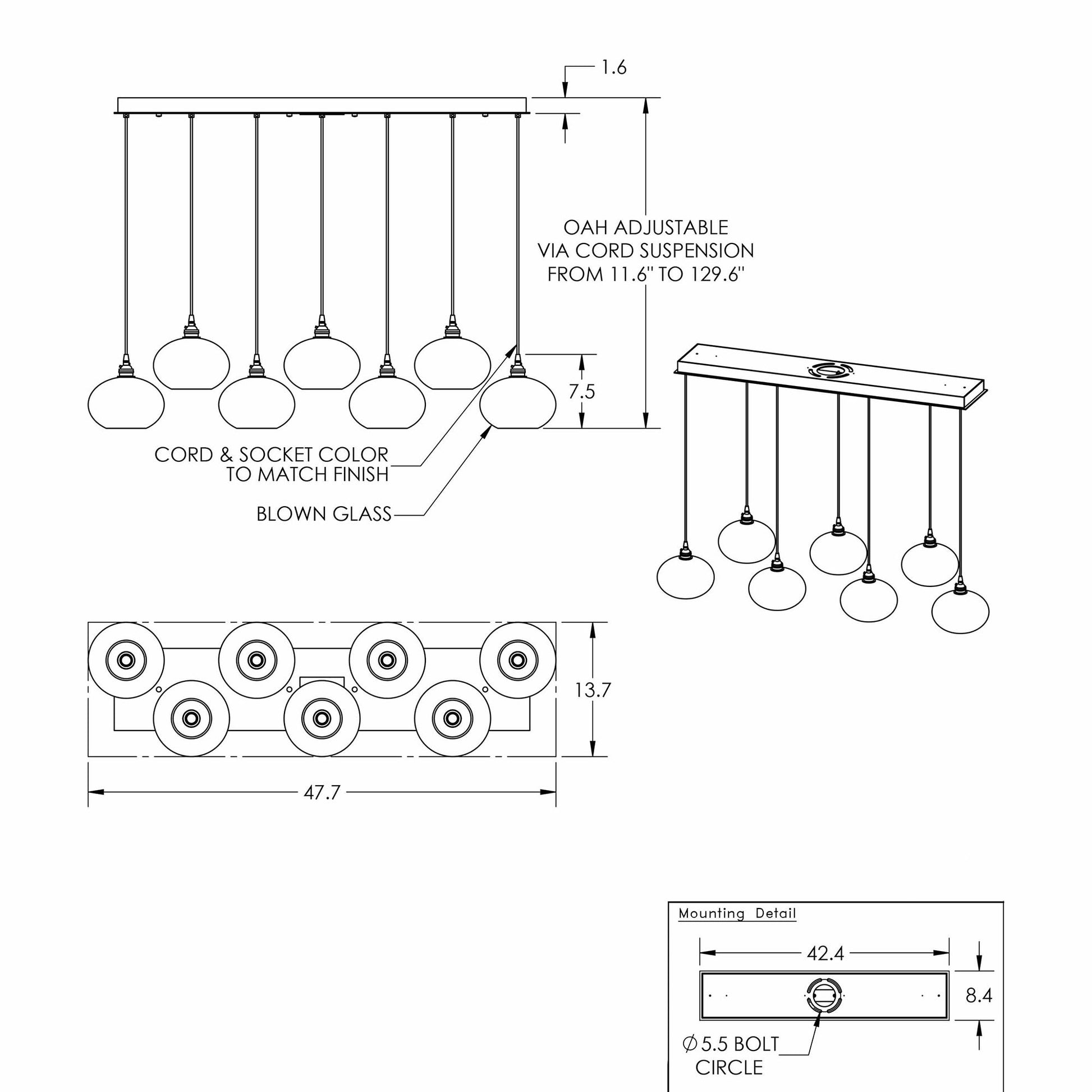 Coppa Linear Pendant Light - line drawing.