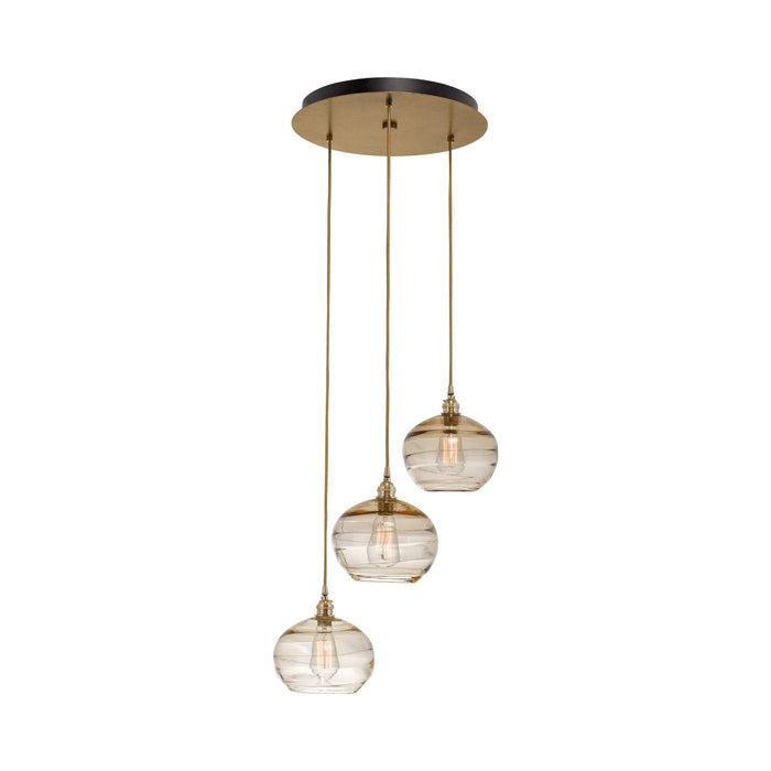 Coppa Round Multi Light Pendant Light in Gilded Brass/Amber Glass (3-Light).