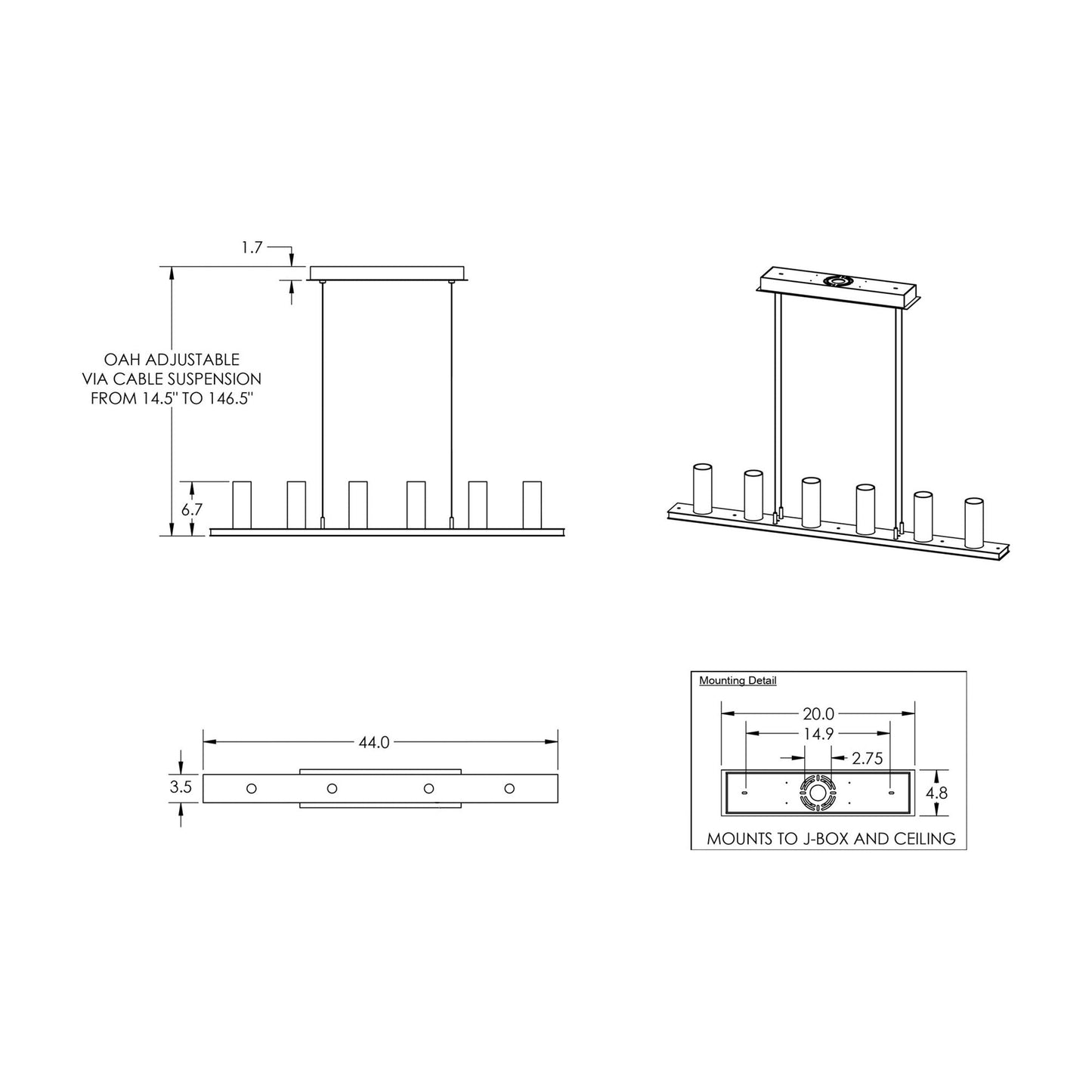 Corona LED Linear Pendant Light - line drawing.