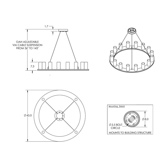 Corona Ring LED Chandelier - line drawing.