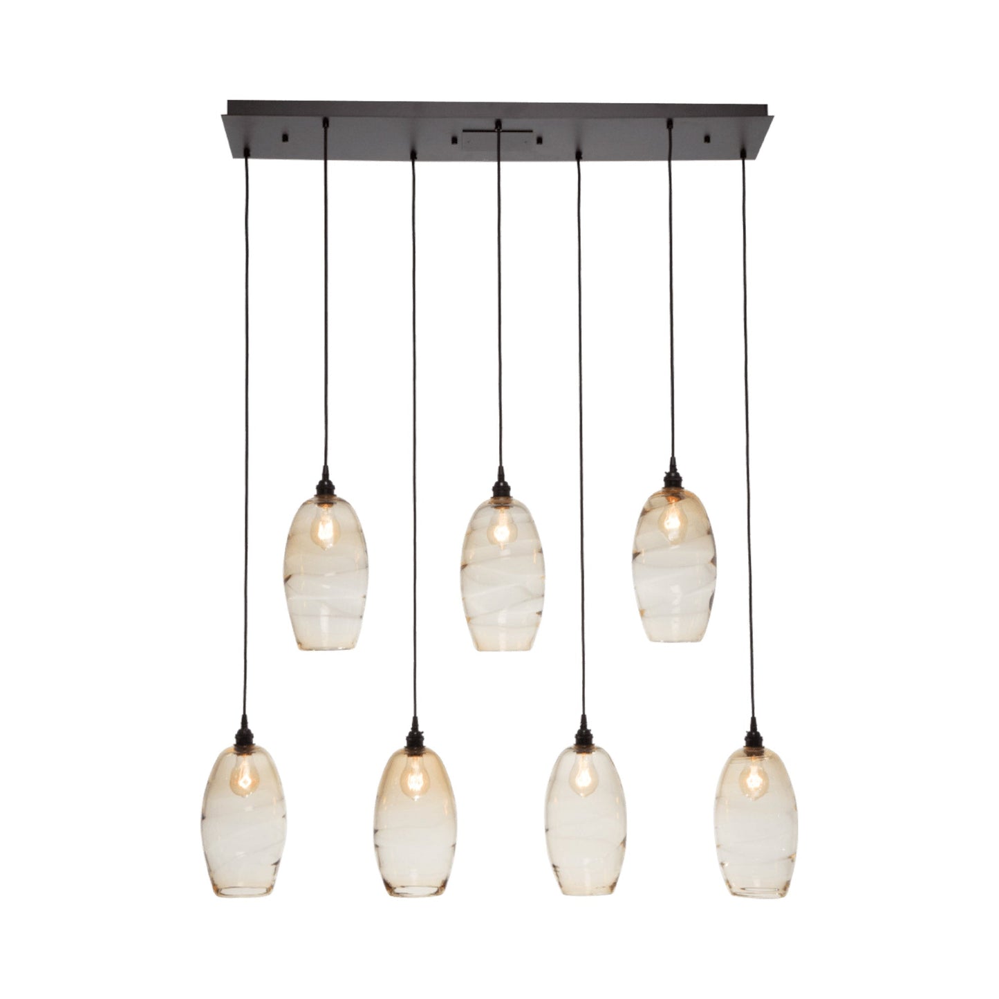 Ellisse Linear Pendant Light in Detail in Matte Black/Optic Blown Glass - Amber (7-Light).