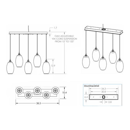 Ellisse Linear Pendant Light in Detail - line drawing.