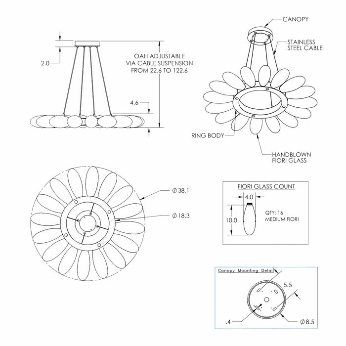 Fiori Radial Ring LED Chandelier - line drawing.
