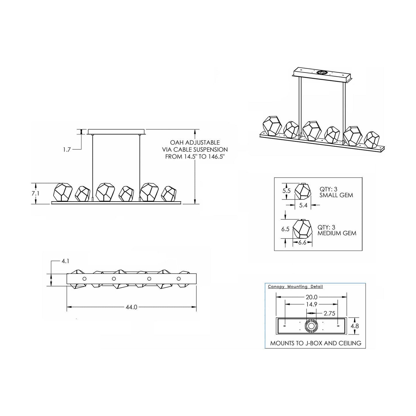 Gem Bezel LED Linear Pendant Light - line drawing.