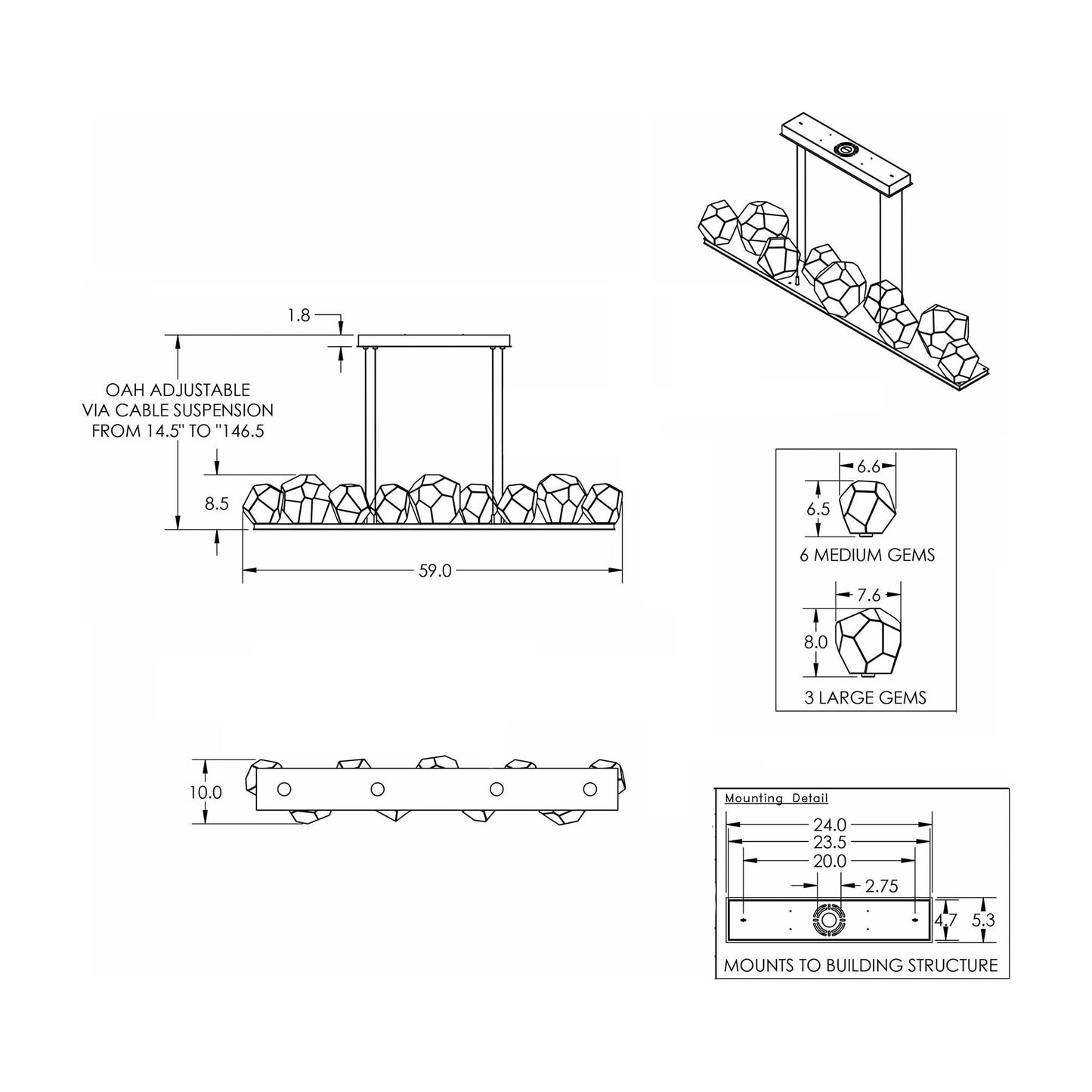 Gem Bezel LED Linear Pendant Light - line drawing.