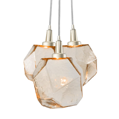 Gem Cluster LED Pendant Light in Metallic Beige Silver/Amber Glass (3-Light).