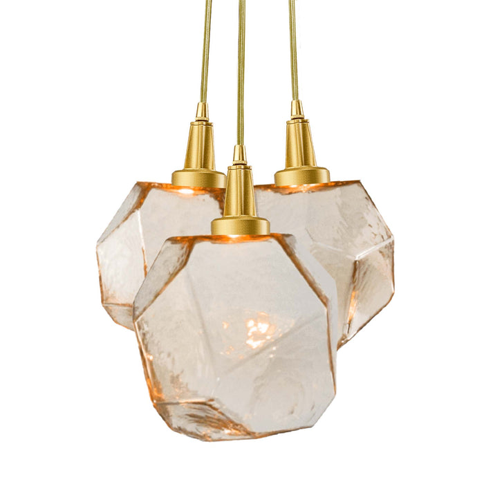 Gem Cluster LED Pendant Light in Gilded Brass/Amber Glass (3-Light).