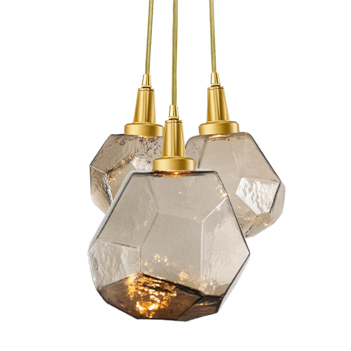 Gem Cluster LED Pendant Light in Gilded Brass/Bronze Glass (3-Light).