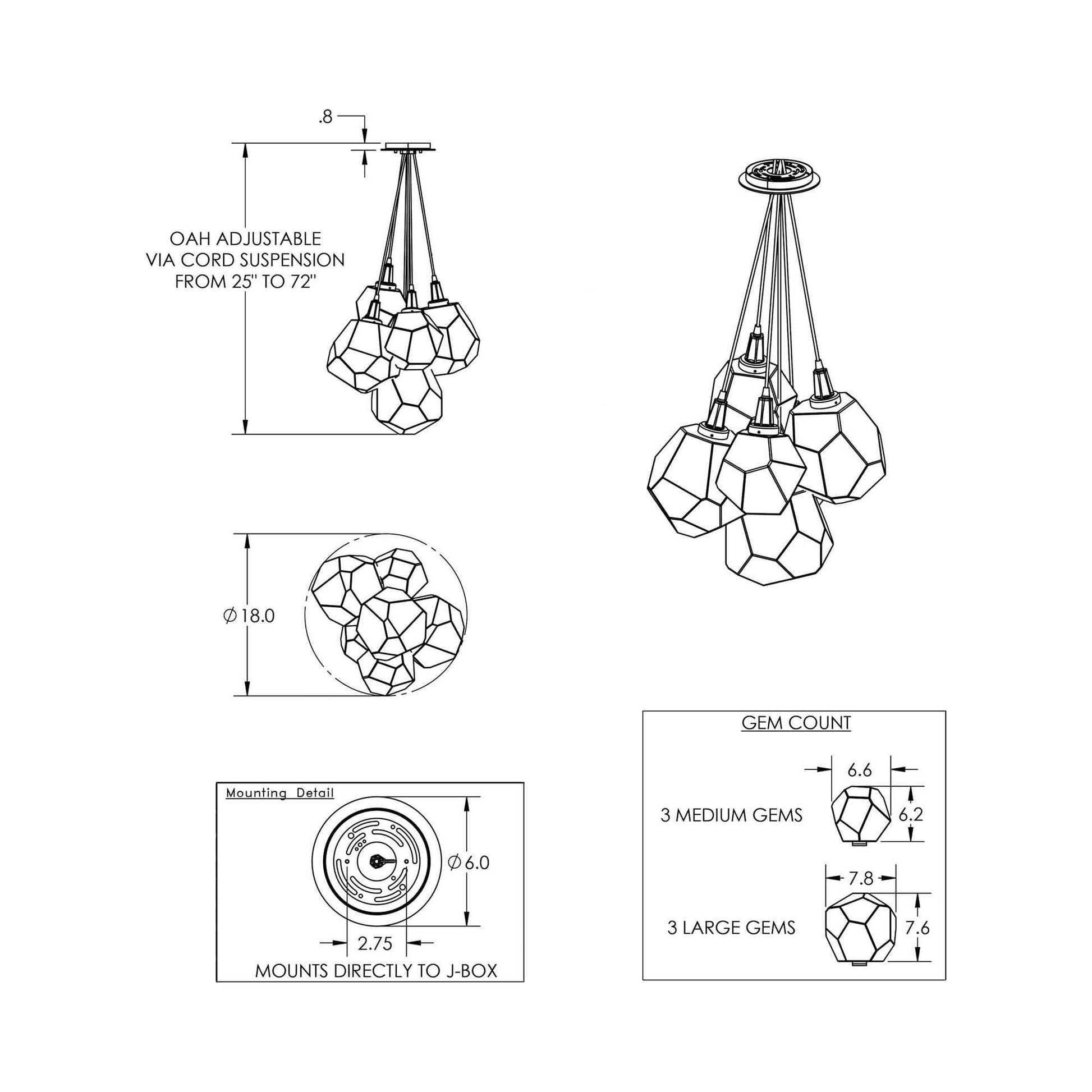 Gem Cluster LED Pendant Light - line drawing.