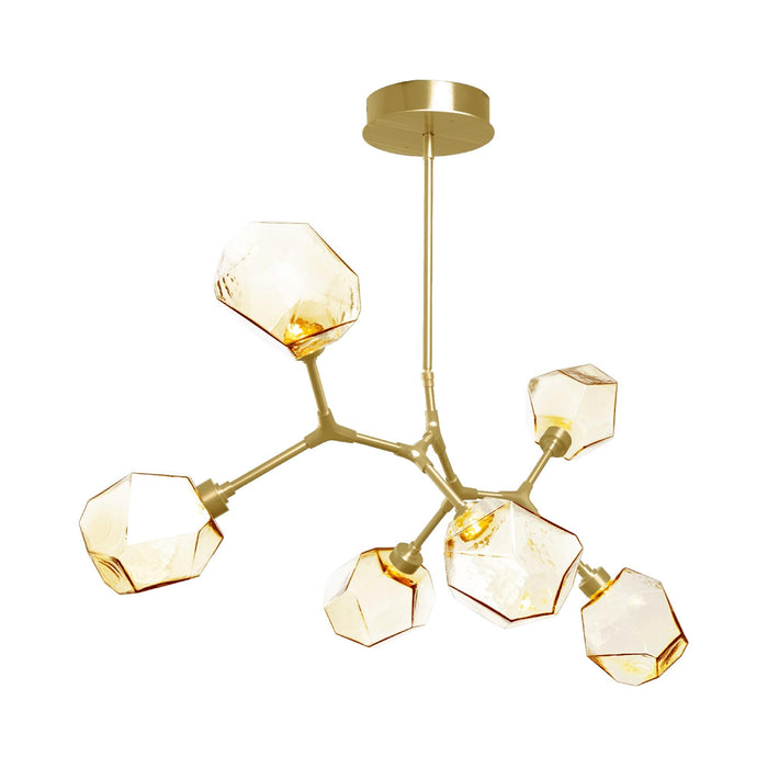 Gem Modern Branch LED Pendant Light in Gilded Brass/Amber Glass (6-Light).