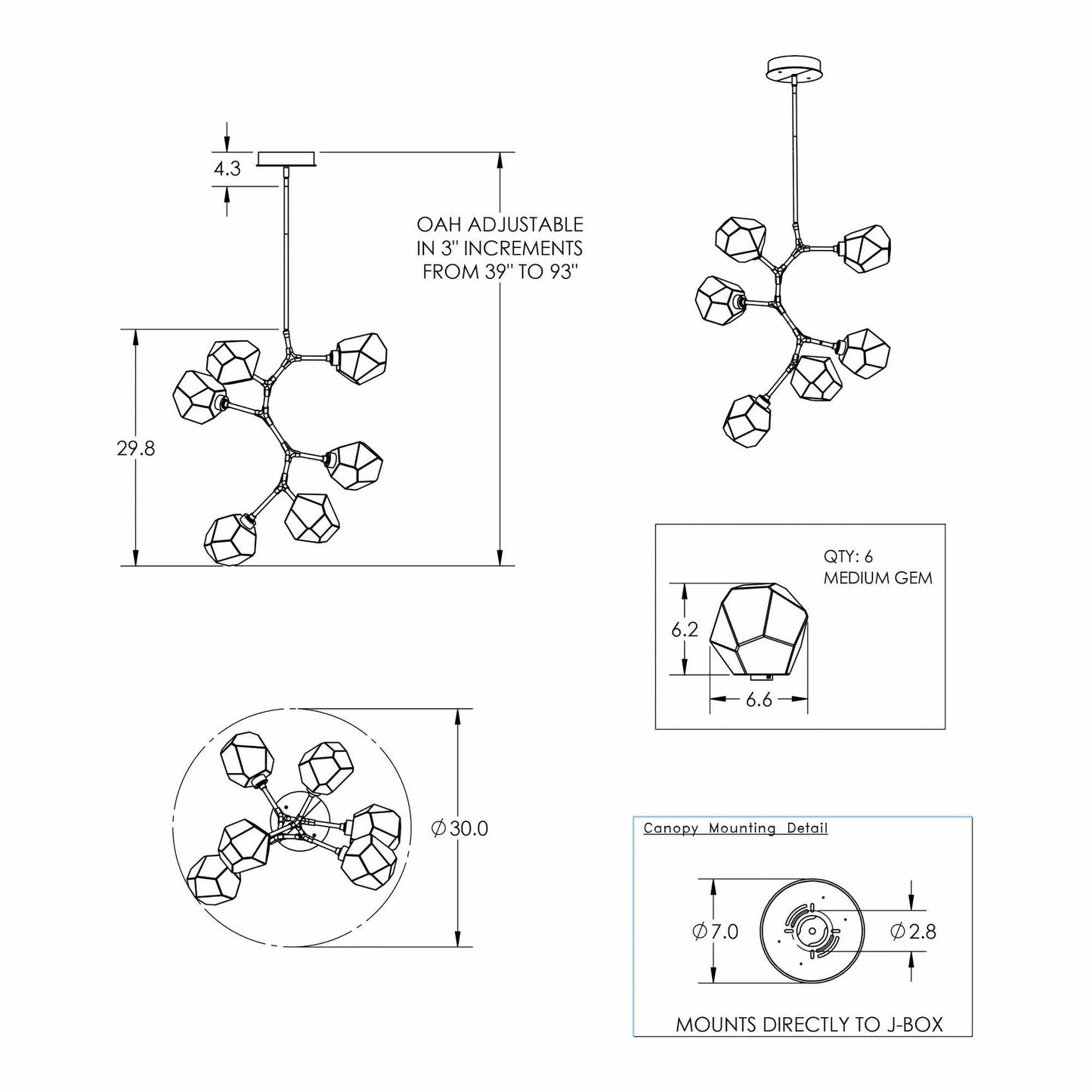 Gem Modern Vine LED Pendant Light - line drawing.