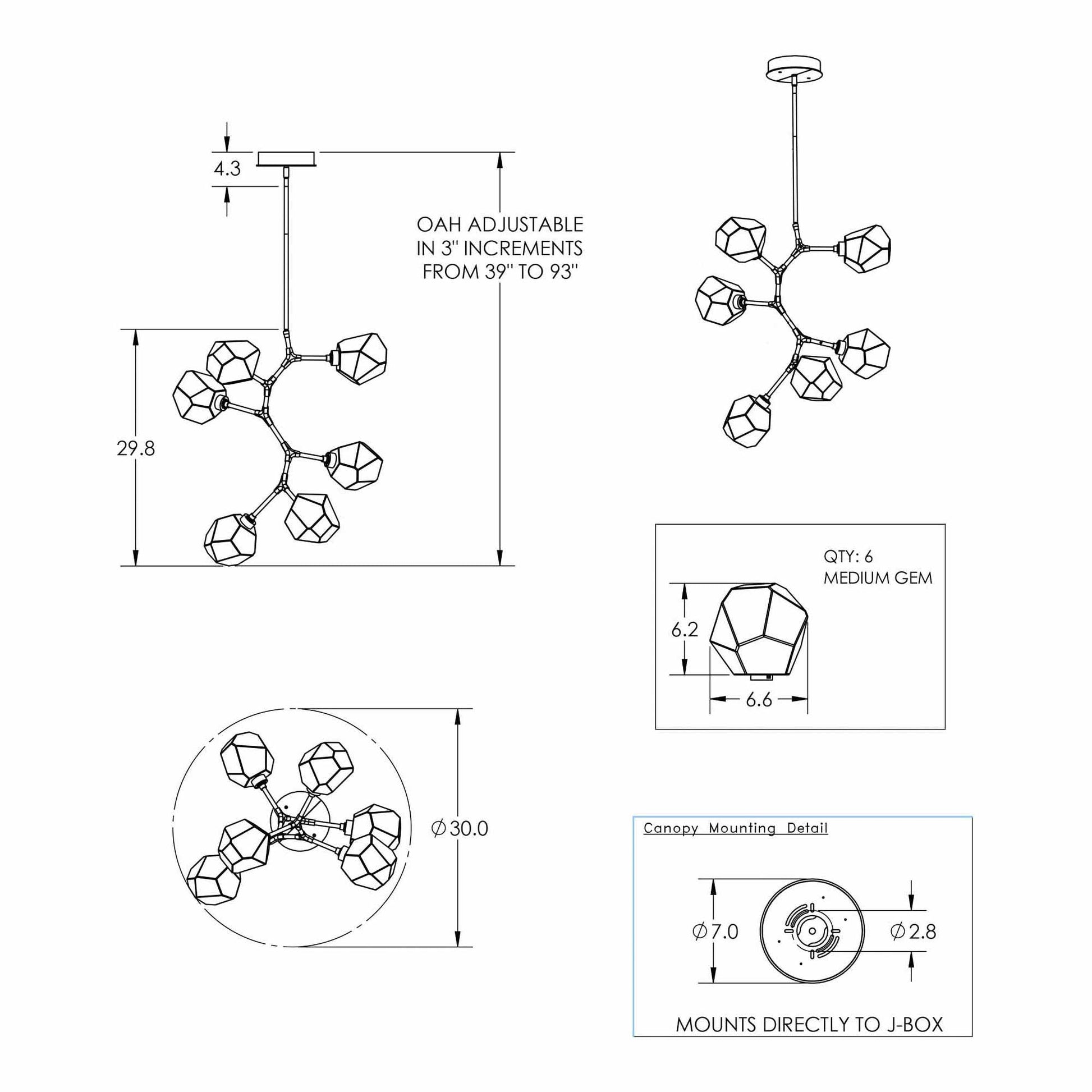 Gem Modern Vine LED Pendant Light - line drawing.